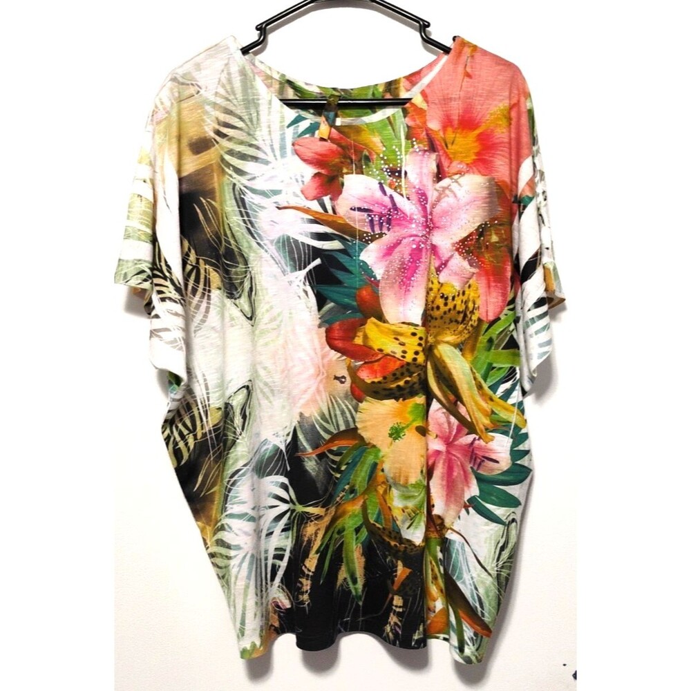 J Mode Women's sz L White Floral Shirt Short Sleeve pullover lightweight logo